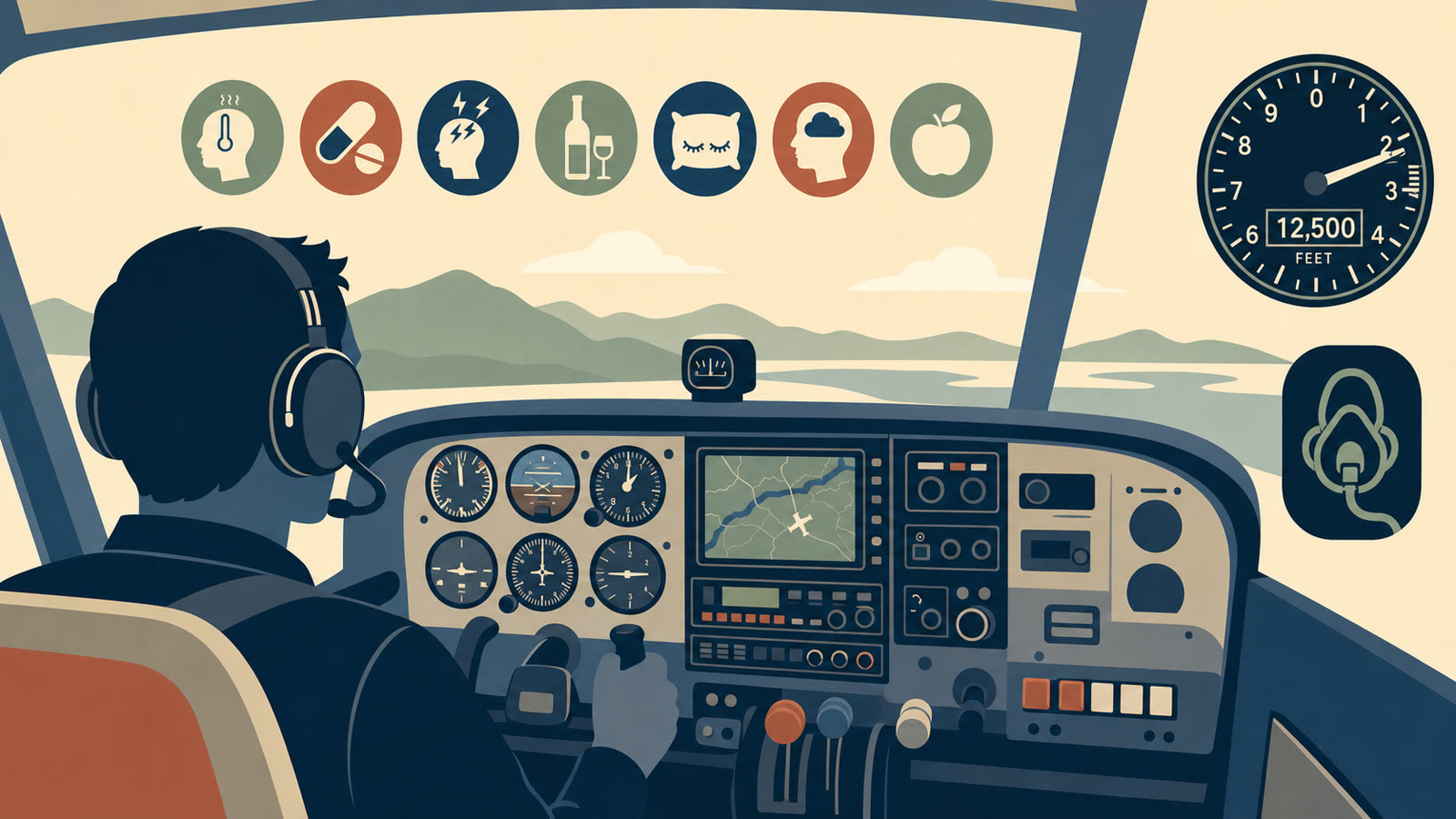 Flat vector illustration of a Cessna 172 cockpit with a pilot silhouette wearing a headset, surrounded by IMSAFE checklist icons and an altimeter showing 12,500 feet