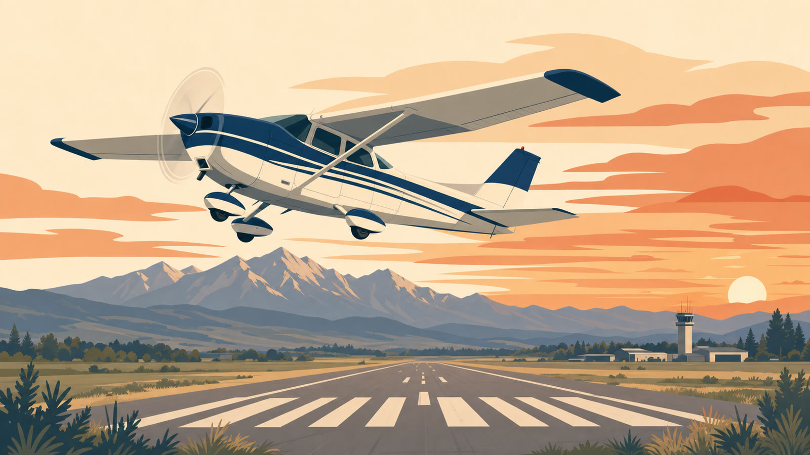 Flat vector illustration of a Cessna 172 climbing away from a runway with mountains and a control tower in the background at sunset