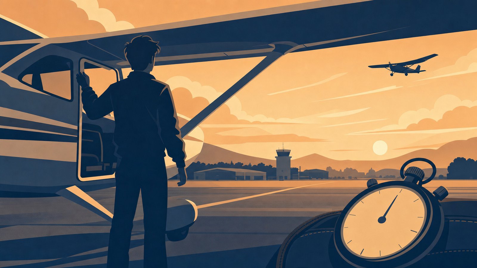 Student pilot in silhouette standing at the door of a Cessna 172 at sunrise with a stopwatch in the foreground representing the 5-minute go/no-go decision