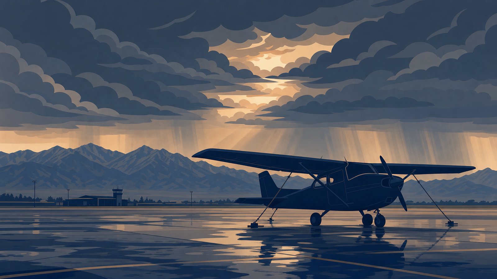 Cessna 172 tied down on a wet ramp at a Colorado airport with the Front Range silhouetted behind dark storm clouds