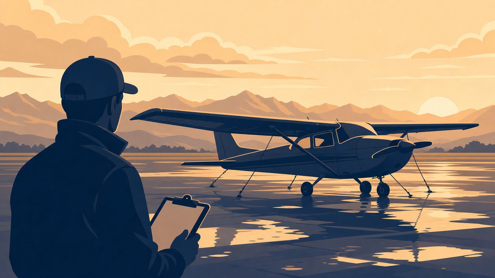 Student pilot in silhouette holding a checklist on a wet airport ramp at sunrise with a Cessna 172 in the background