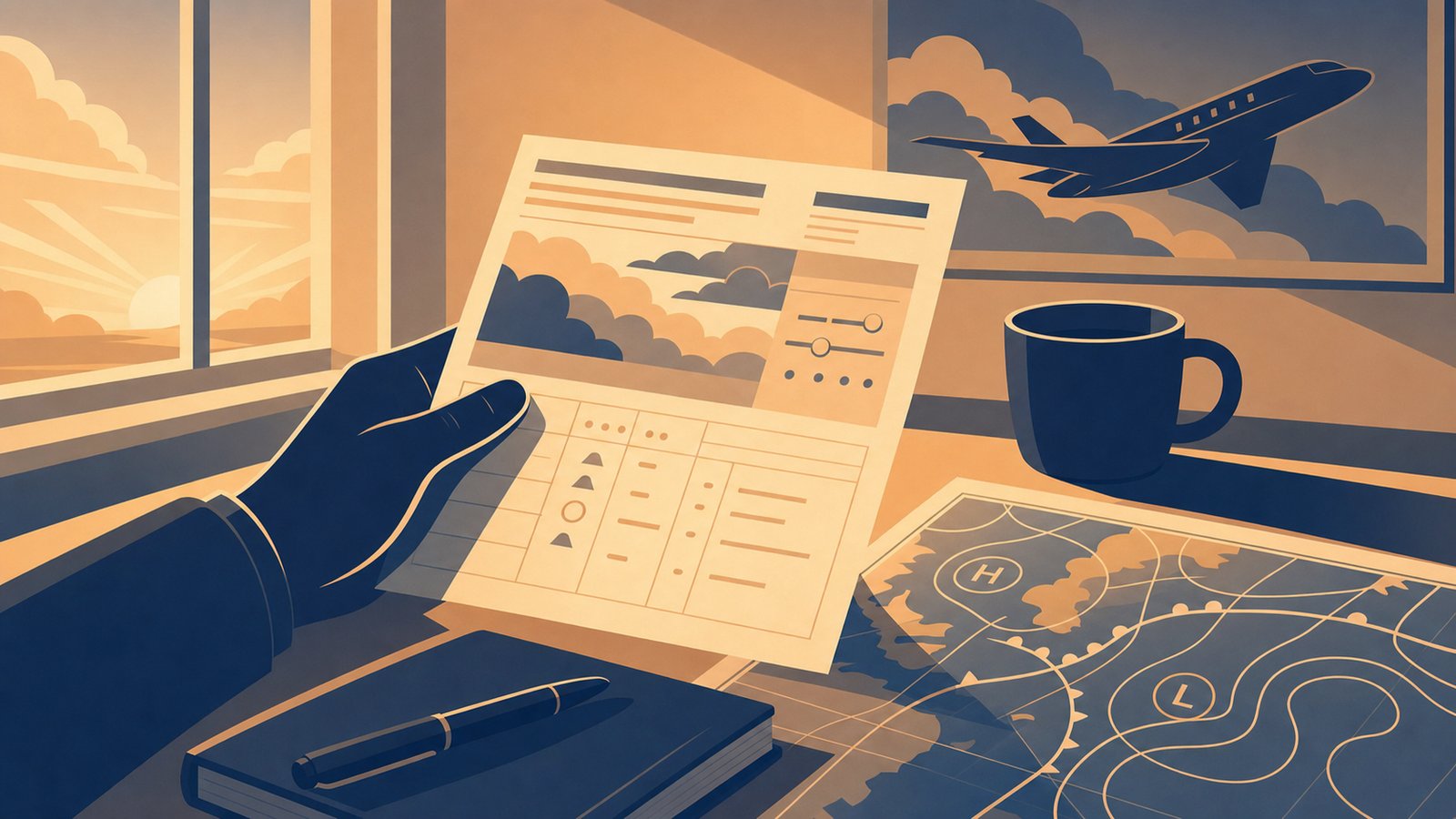 Student pilot hand holding a weather briefing sheet at a desk with morning light through a window and a coffee cup, in flat illustration style
