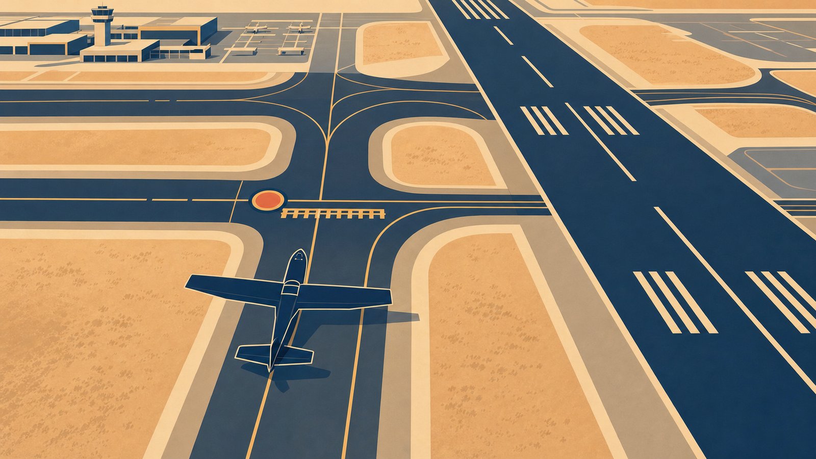 Overhead flat illustration of an airport diagram showing a Cessna 172 approaching a hold-short line near a taxiway hotspot