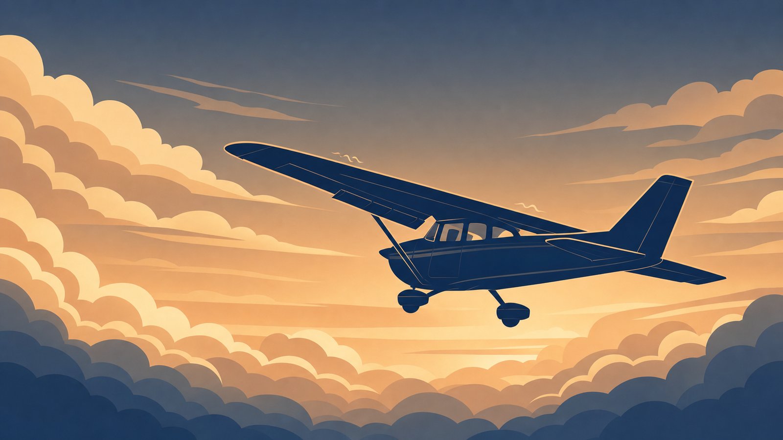 Cessna 172 in slow flight configuration with flaps extended, banking gently against a soft sunset sky