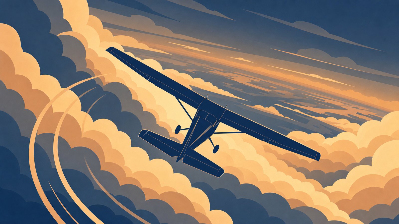 Cessna 172 in a coordinated 45 degree bank steep turn against a layered cloud horizon viewed from behind